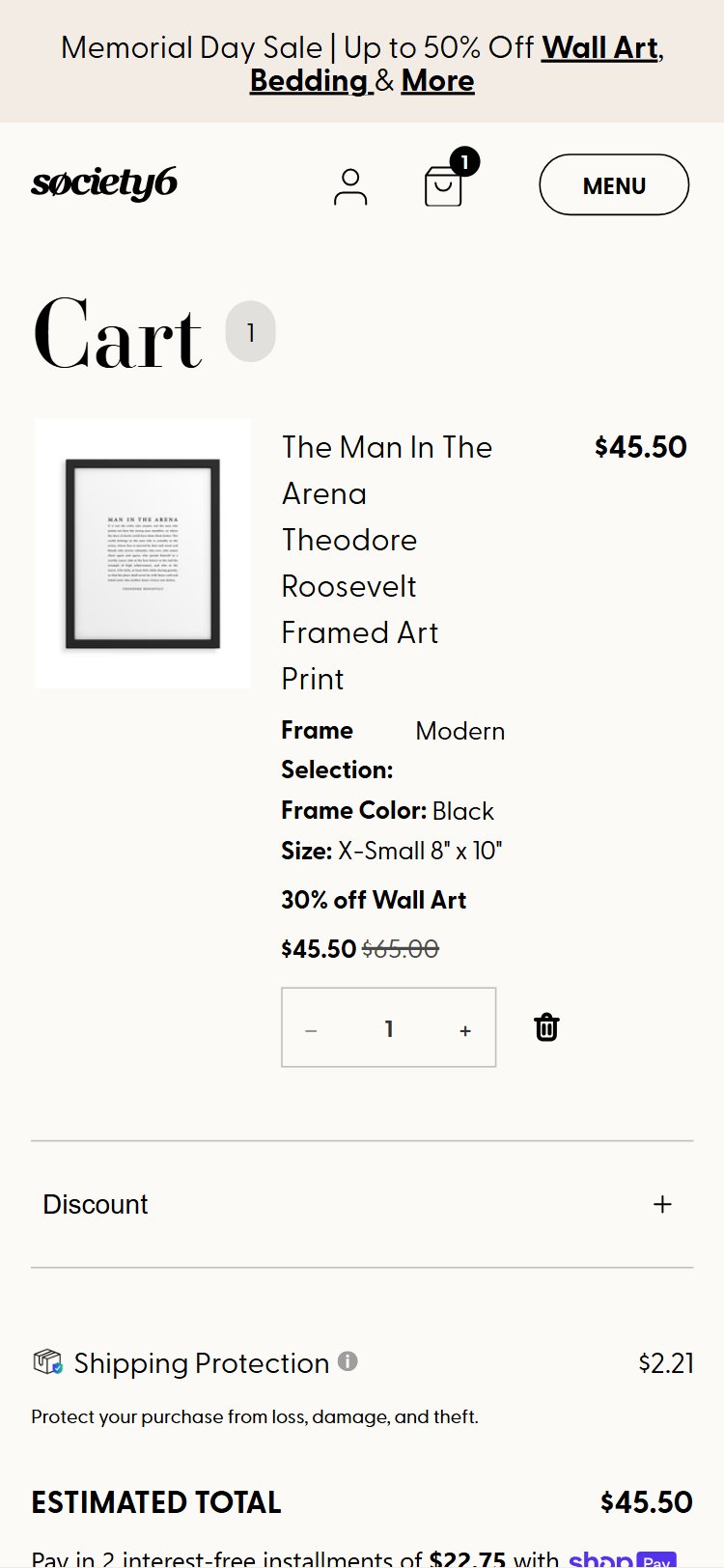 Society6 cart â€” Shipping Protection ($2.21) auto-added with opt-out required to remove