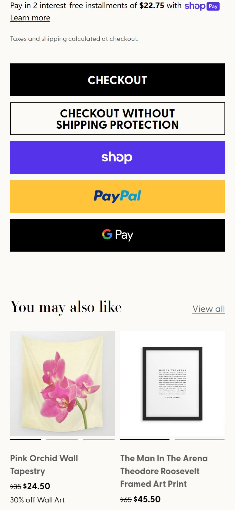 Society6 cart checkout area â€” no trust badges, security seals, or guarantee messaging near checkout CTA