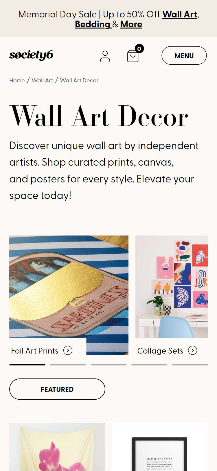 Society6 collection â€” no filter sidebar; filters hidden behind toggle button