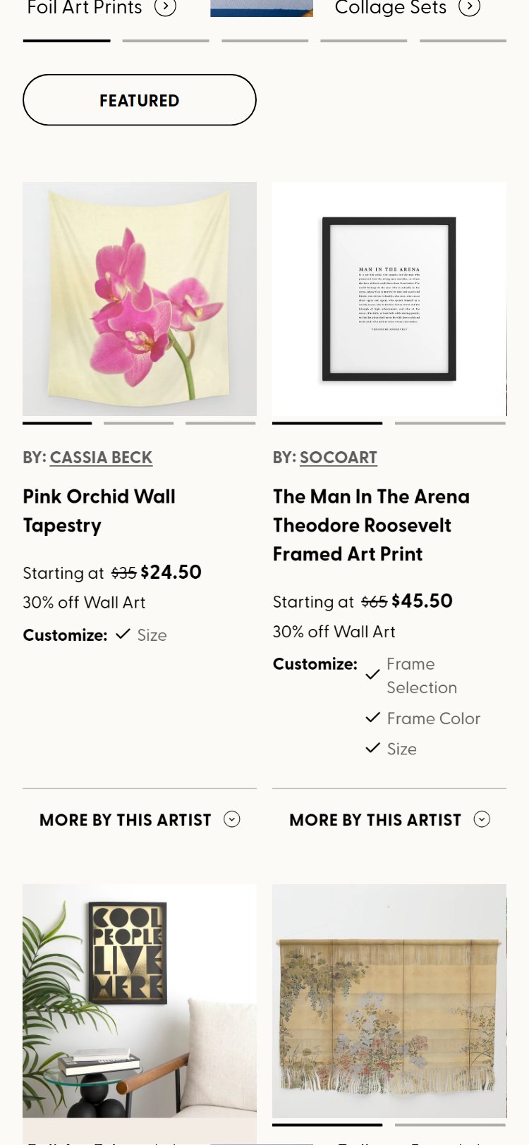 Society6 collection tiles â€” image, title, price only; no star ratings visible