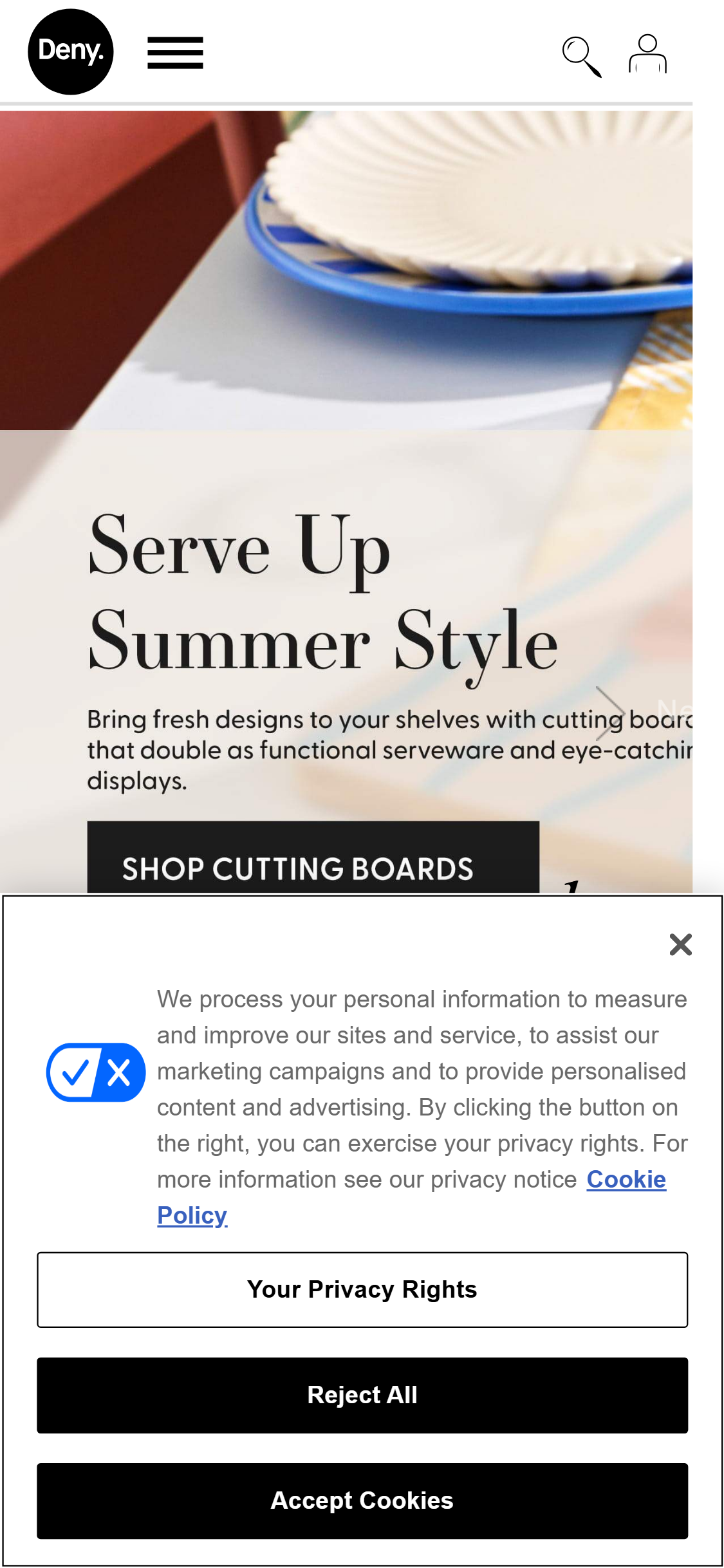 Deny Designs — Sticky header with category navigation