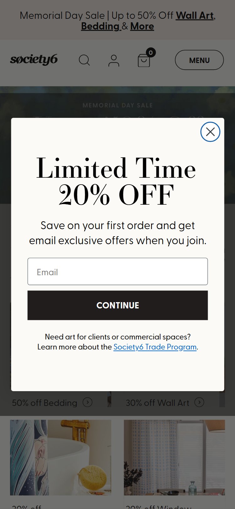 Society6 homepage â€” no announcement bar visible above hero