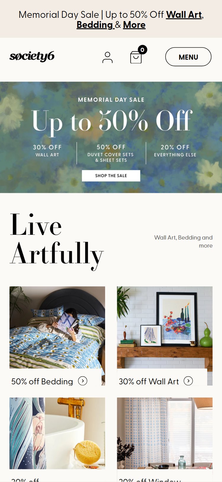 Society6 hero â€” generic 'Shop New Arrivals' CTA with no offer or urgency
