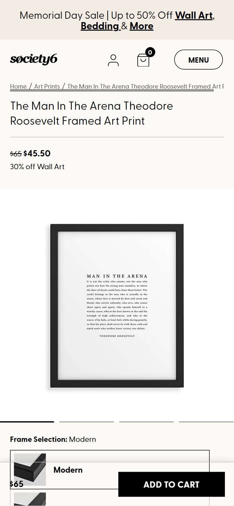 Society6 PDP â€” artist name appears as small text link; no bio, portrait, or story